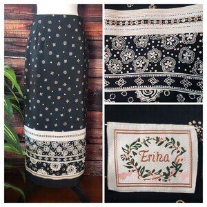 Erika Vintage Maxi Wrap Skirt Size 14 Black Cream Geometric Print Button